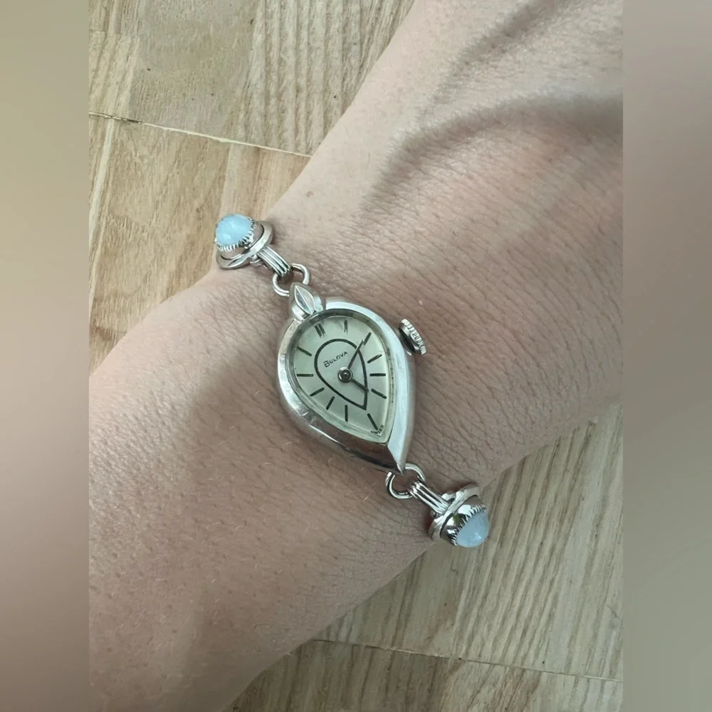 Vintage Bulova ladies teardrop shaped white gold filled mechanical watch